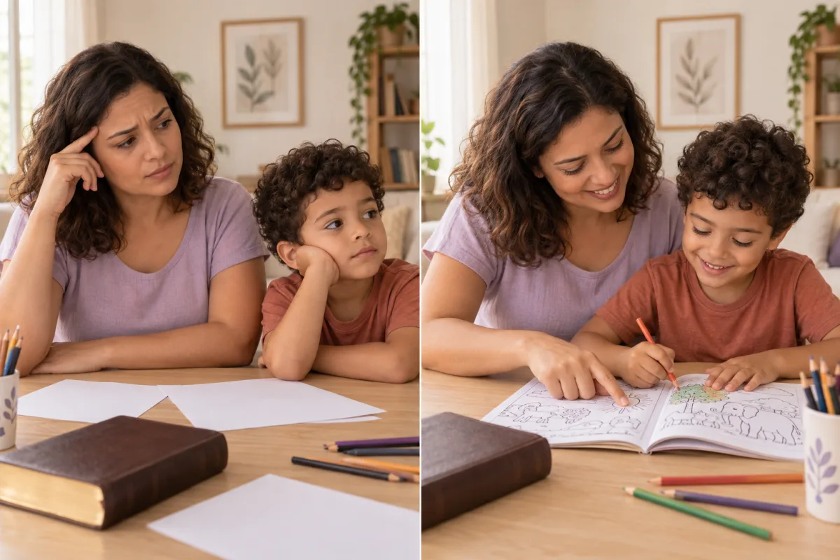 Cena ilustrativa de antes e depois: à esquerda, mãe e filho sem saber como começar a leitura; à direita, os dois leem e fazem uma atividade bíblica juntos